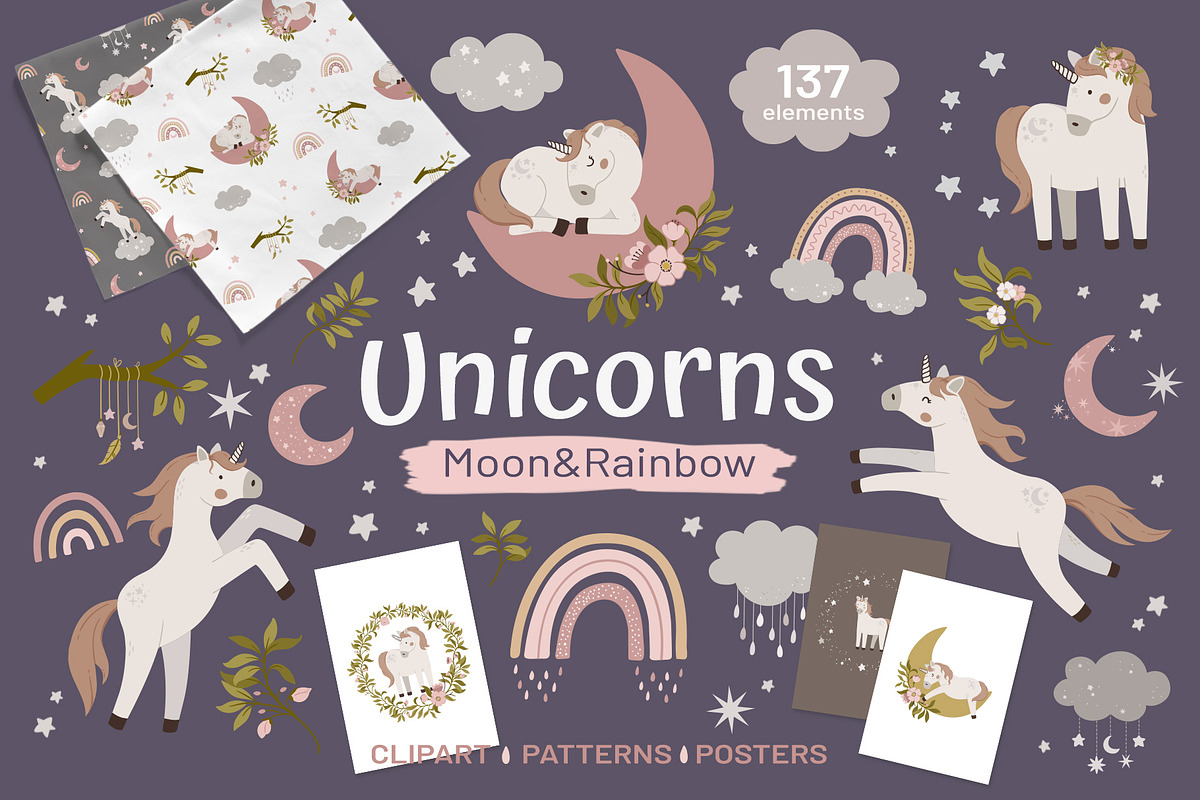 Unicorns, Moon & Rainbow, an Animal Illustration by Nadezhda Mikhailova (Photo 1 of 16)