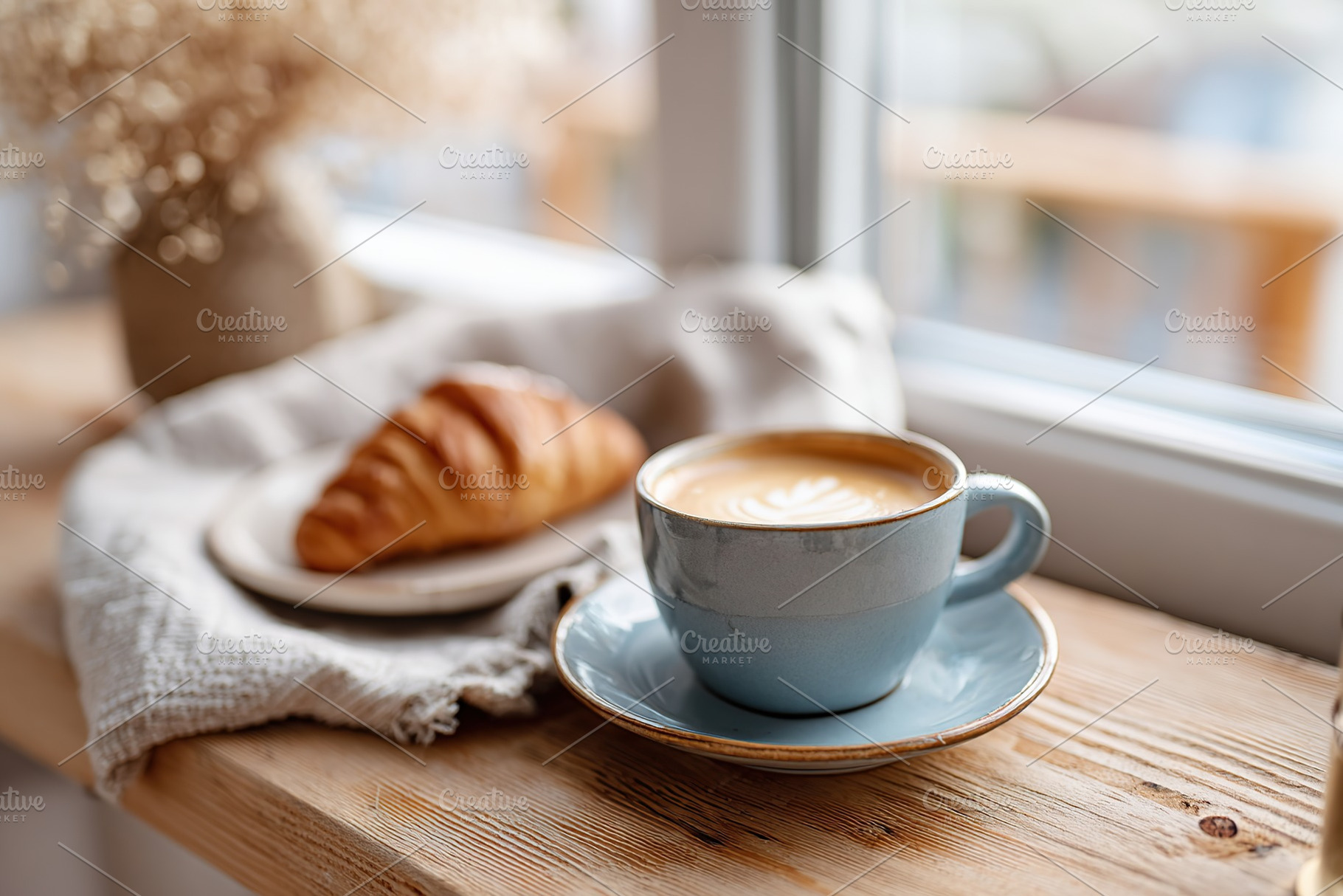 Morning breakfast with fine ceramic cup, croissant, and coffee by the window, a Food & Drink Photo by AlyaAnd