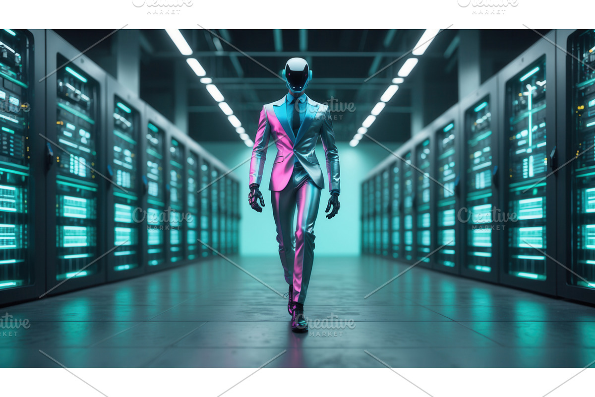 Futuristic humanoid robot in a neon, an Illustration by tilialucida