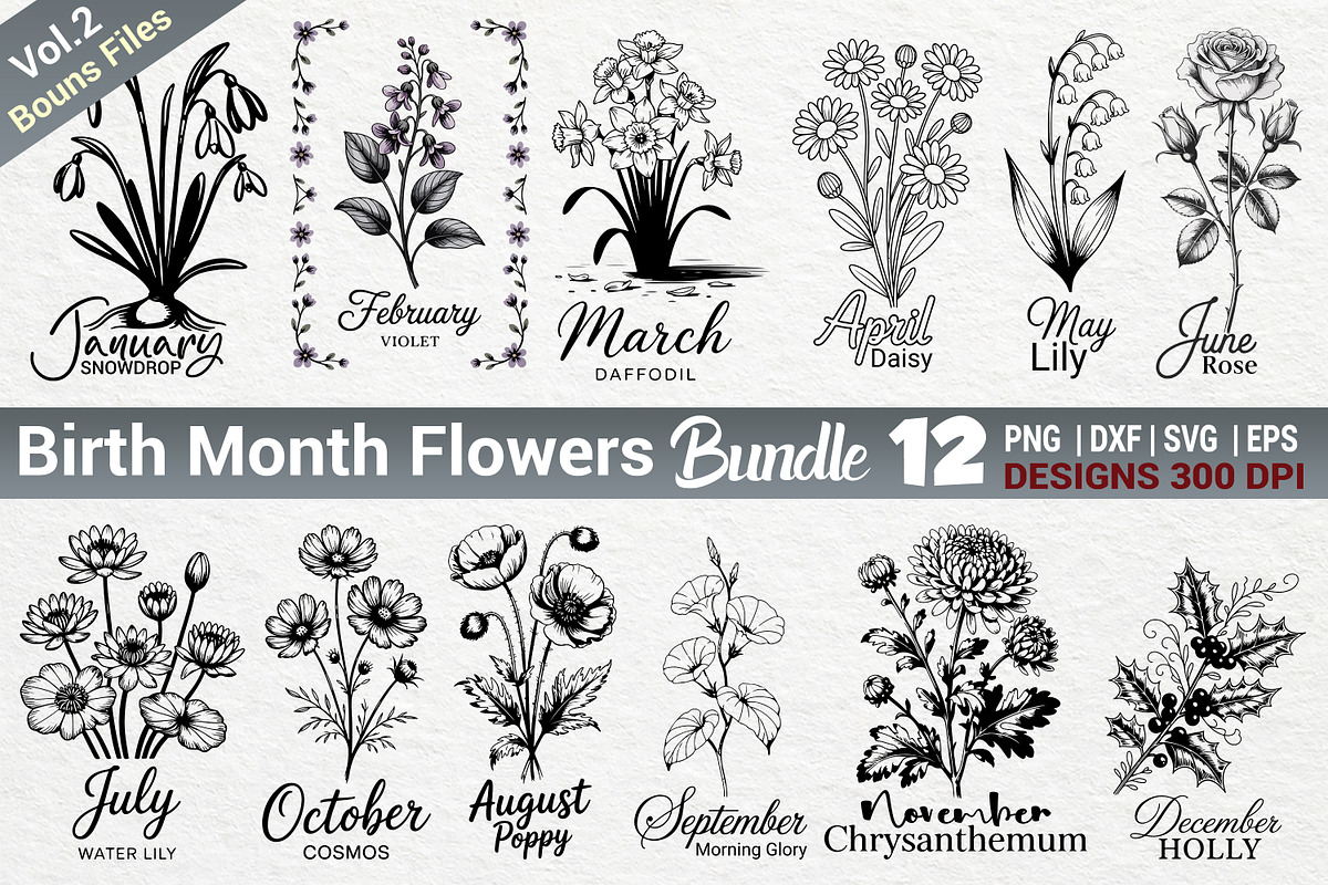 Birth Month Flowers SVG PNG Bundle, an Illustration by Actual Pixel (Photo 1 of 24)