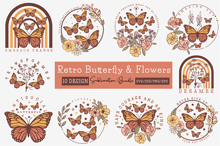 Retro Butterfly & Flowers Sublimatio, a Work Illustration by CreationArt