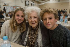 Grandmother with smiling grandchildren at a community gathering in a school hal, a Photo by AS photostudio