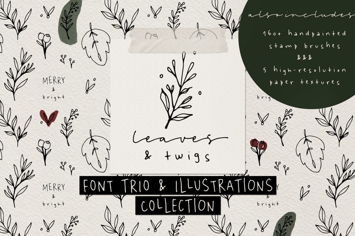 Leaves and Twigs font trio & extras, a Script Font by Ana's Fonts (Photo 1 of 17)