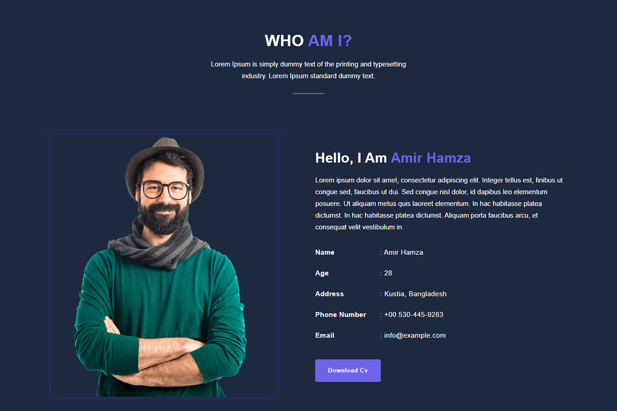 Dark Portfolio CV HTML Template, a Bootstrap Template by Themeplaza (Photo 2 of 6)