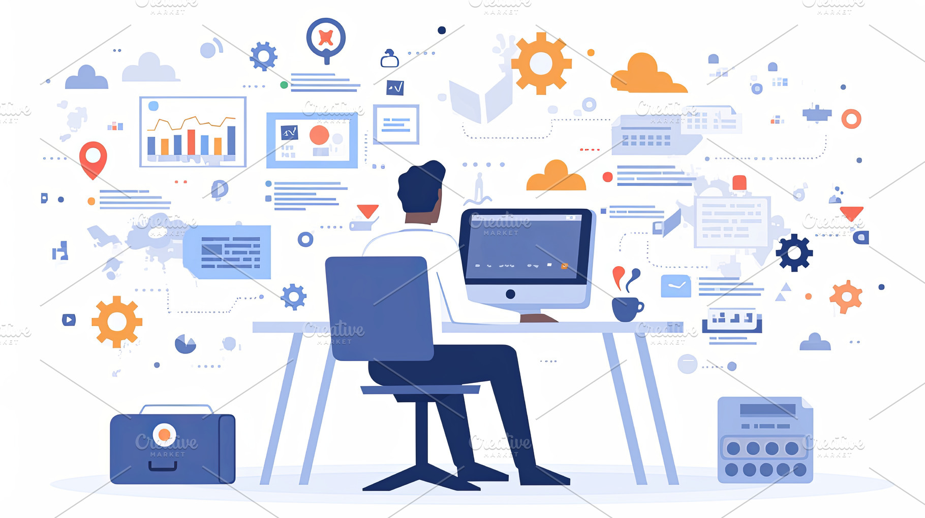 Man Working on Computer with Data Visualization and Digital Interface Illustrat, a Photo by AS photostudio
