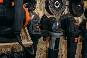 Power tools grinding discs collection joinery rack, an Industrial Photo by Photo Drive Studio