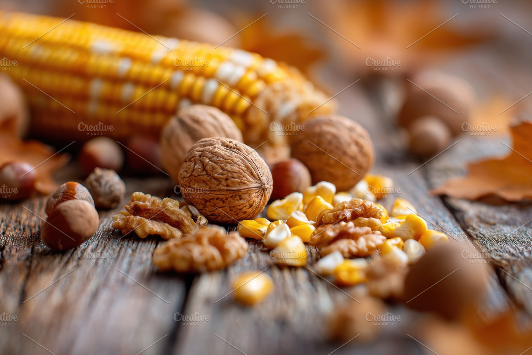 Autumn nuts and corn kernels on wooden surface, a Food & Drink Photo by AlyaAnd