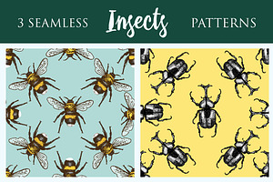 Insect Beetle Seamless Pattern, Background With Engraved Animal Hand Drawn Style