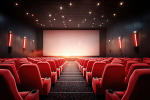 Modern cinema interior with plush red seating, an Arts & Entertainment Photo by AlyaAnd