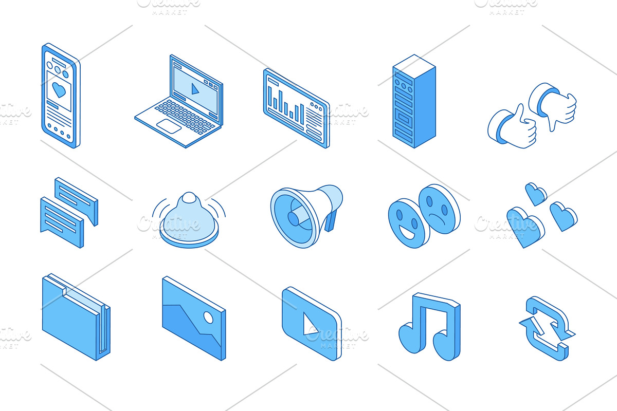 Isometric line social media icons, a Technology Illustration by Valerie Bodnar