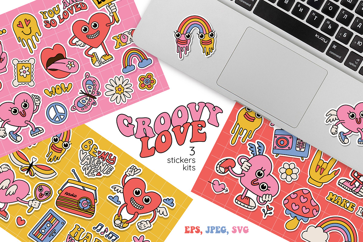 Groovy love: weird stickers kits set, a Stationery Template by Lana Sham (Photo 1 of 5)