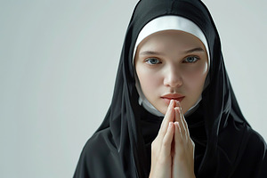 Young praying nun on grey background, a Person Photo by AlyaAnd