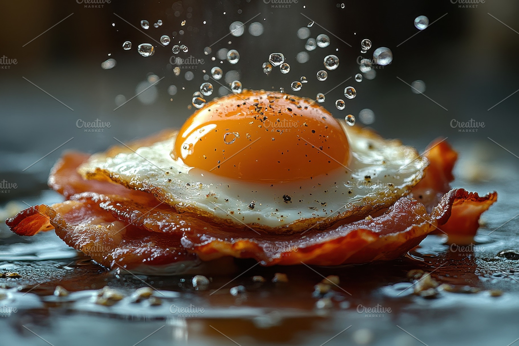 Fried egg with bacon sizzling in a p, a Photo by Tanuart