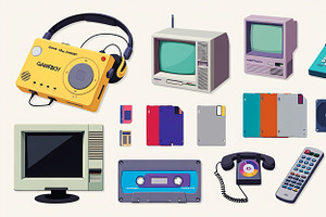 24 PNG 90s Retro Tech Icons Pack, a Background Graphic by adenpinkstore