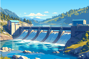 Cartoon hydroelectric power station, an Illustration by LadadikArt