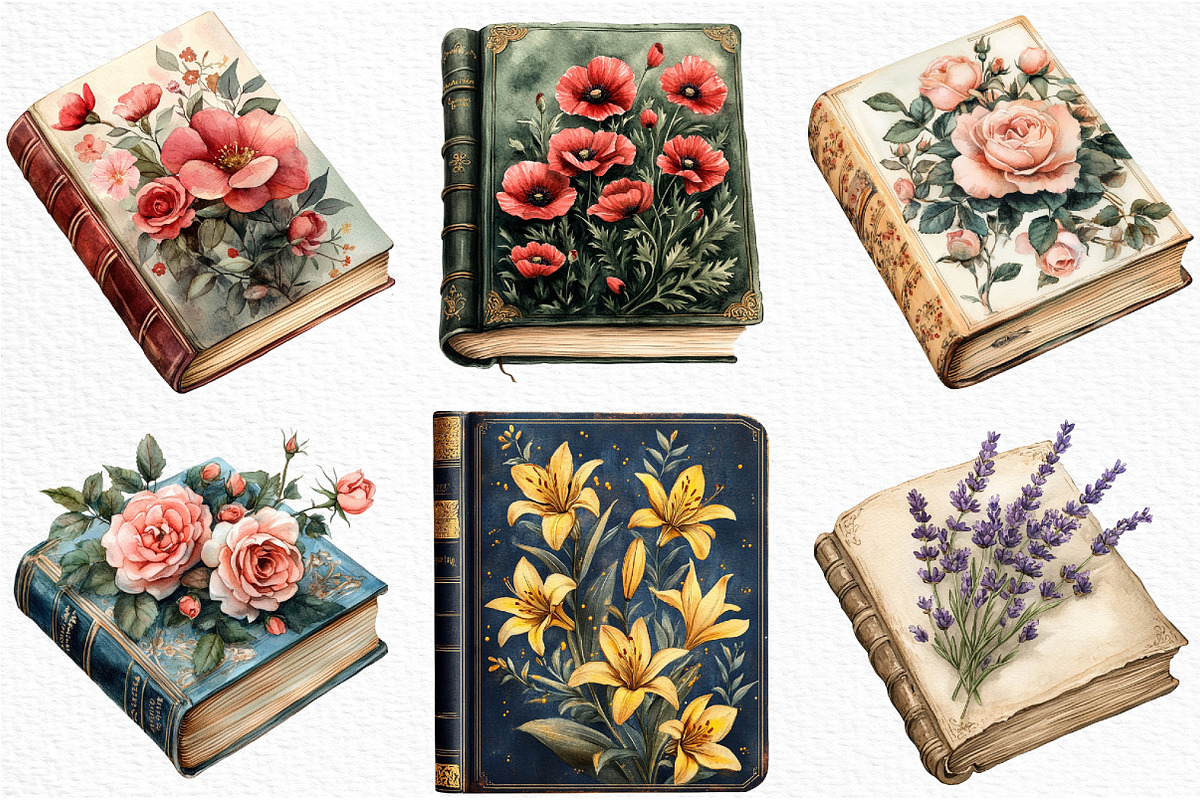 Watercolor Retro Floral Book Clipart, an Illustration by Craft Nest (Photo 2 of 6)