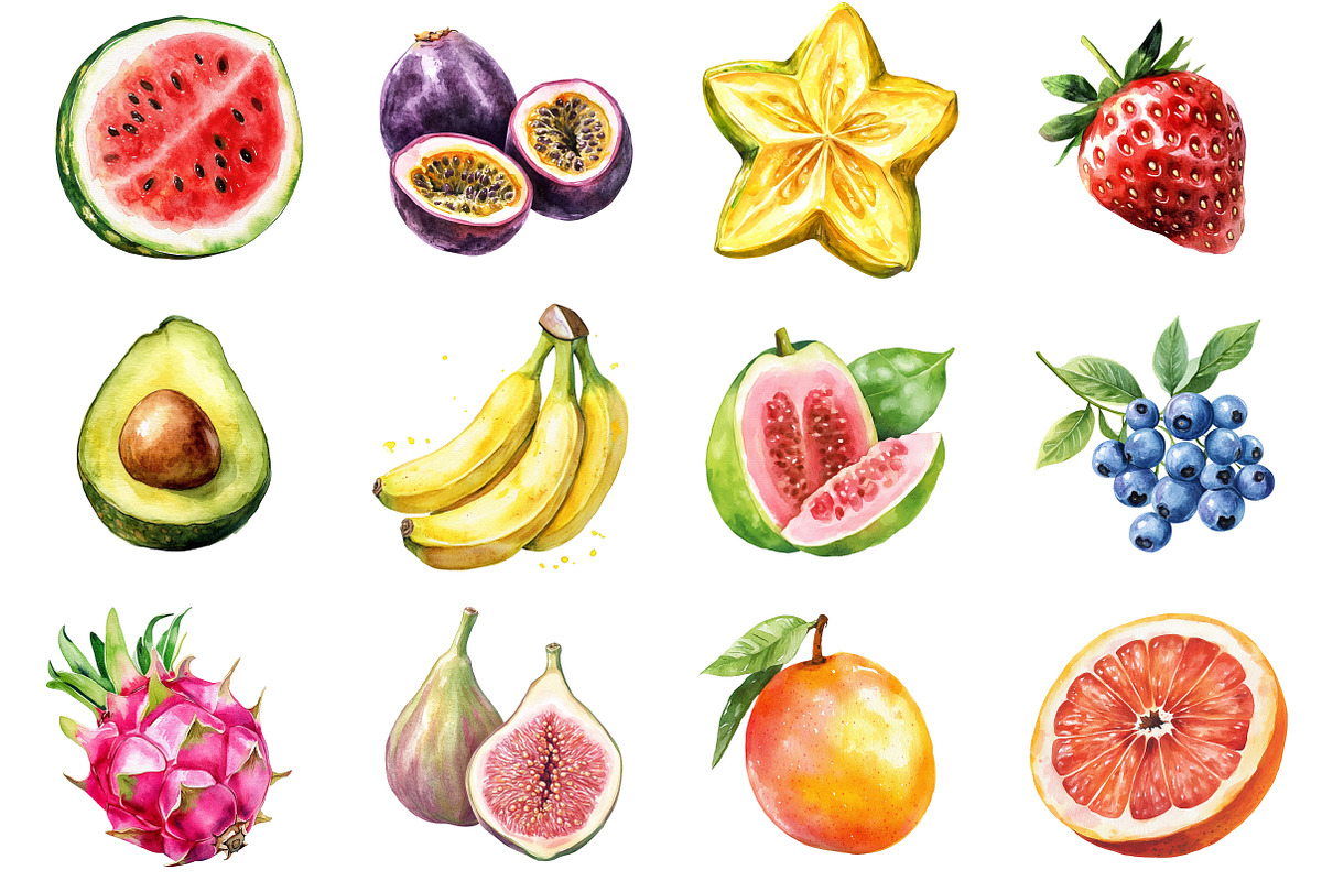 Watercolor Tropical Fruits Summer, an Illustration by designcity5 (Photo 2 of 5)