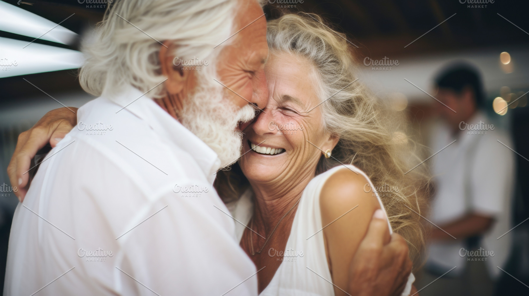 Caucasian elderly couple embracing joyfully, highlighting affect, a Photo by Dvoevnore photos