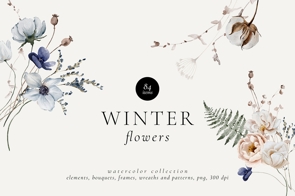 Winter Flowers Watercolor Set, a Decorative Illustration by Watercolor_Ma (Photo 1 of 8)