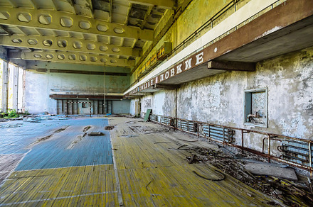 Abandoned school gym with the inscription Agile, strong, courageous in ghost to, an Architecture Photo by Red Hot Chili Pepper Shop