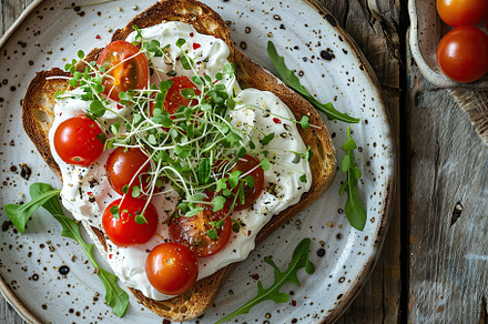 Sandwich with cream cheese, microgreens and tomatoes on wooden table, a Food & Drink Photo by AlyaAnd