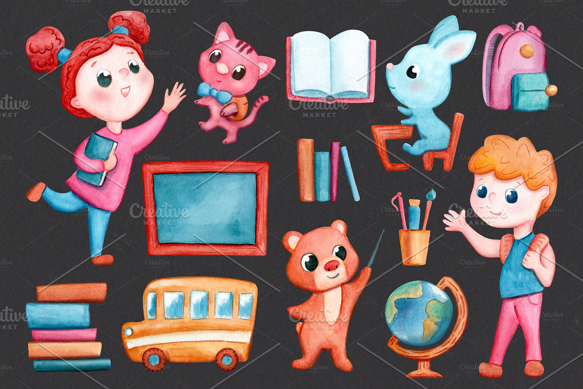 School Kids Clipart and Patterns, an Animal Illustration by RabbitAndPencil (Photo 3 of 7)