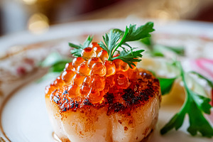 Seared scallop topping with red caviar and parsley, serving fine, a Food & Drink Photo by Studio ANNA