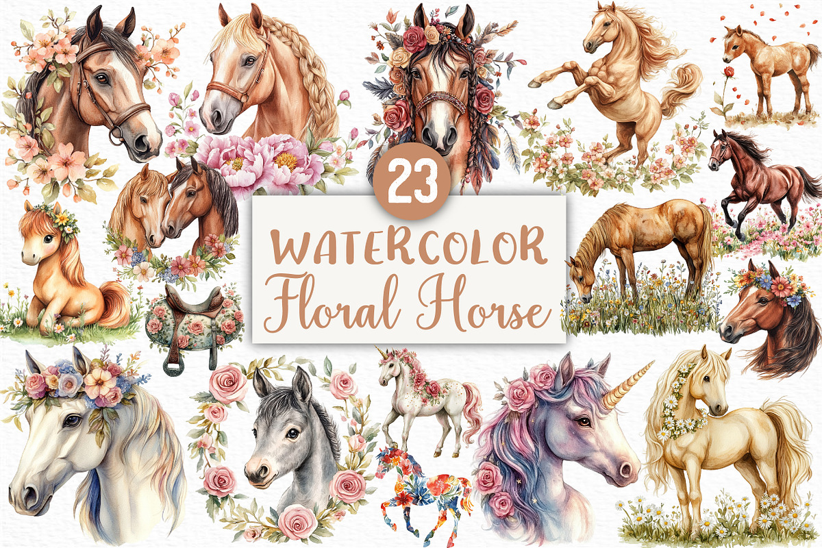 Watercolor Floral Horse Clipart, an Illustration by Craft Nest (Photo 1 of 6)