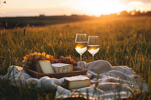 Romantic sunset picnic in a field, a Food & Drink Photo by MistyDay
