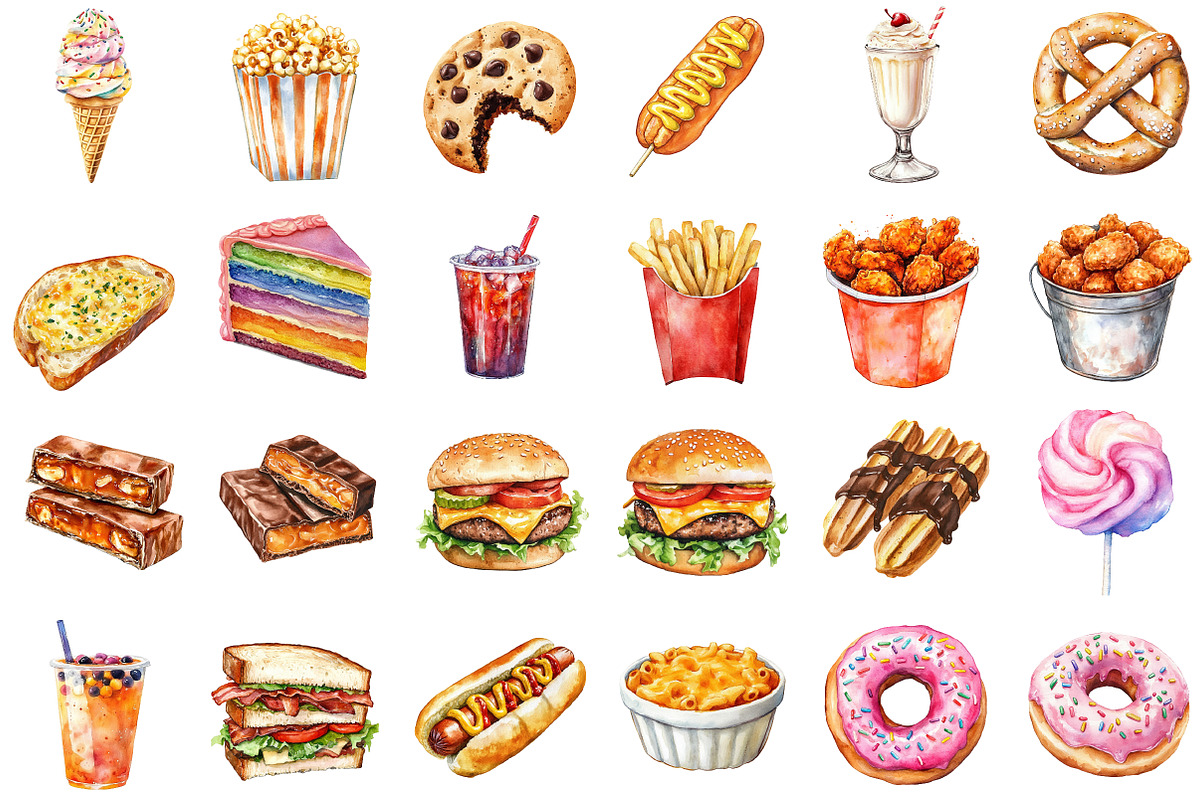 Junk Food Watercolor Clipart, an Illustration by Sublimation Artist (Photo 2 of 6)