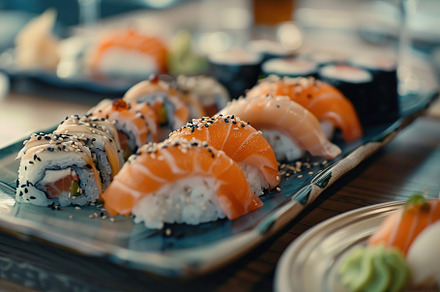 Assorted tasty sushi food in plate on restaurant table, a Food & Drink Photo by AlyaAnd