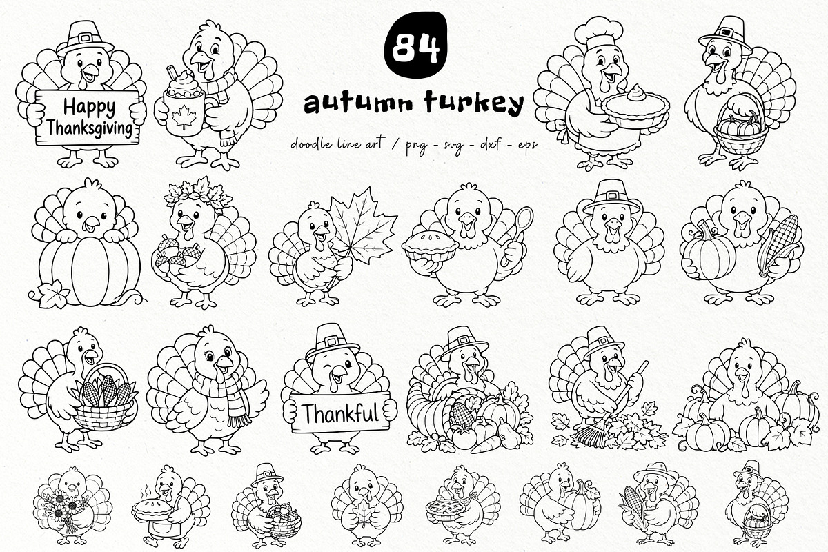 Autumn Turkey Doodle Line Art, a Seasonal Illustration by DENIDigitalArtSudio (Photo 1 of 8)