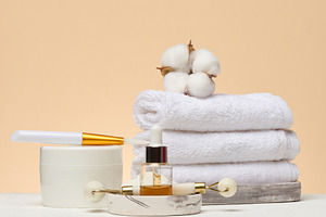 Various cosmetics, mask brush, dropper bottle, jade massager, to, a Beauty & Fashion Photo by ndanko