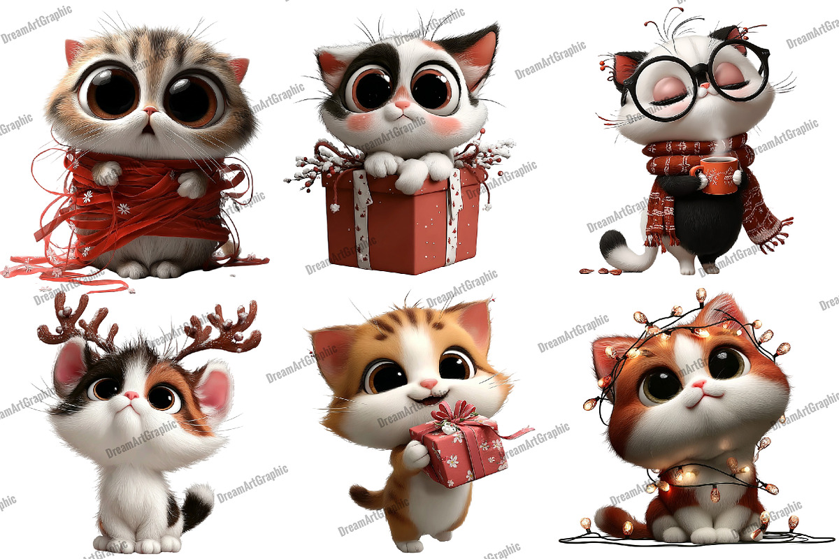 Whimsical Christmas Cats Clipart, an Illustration by DreamArtGraphic (Photo 3 of 5)