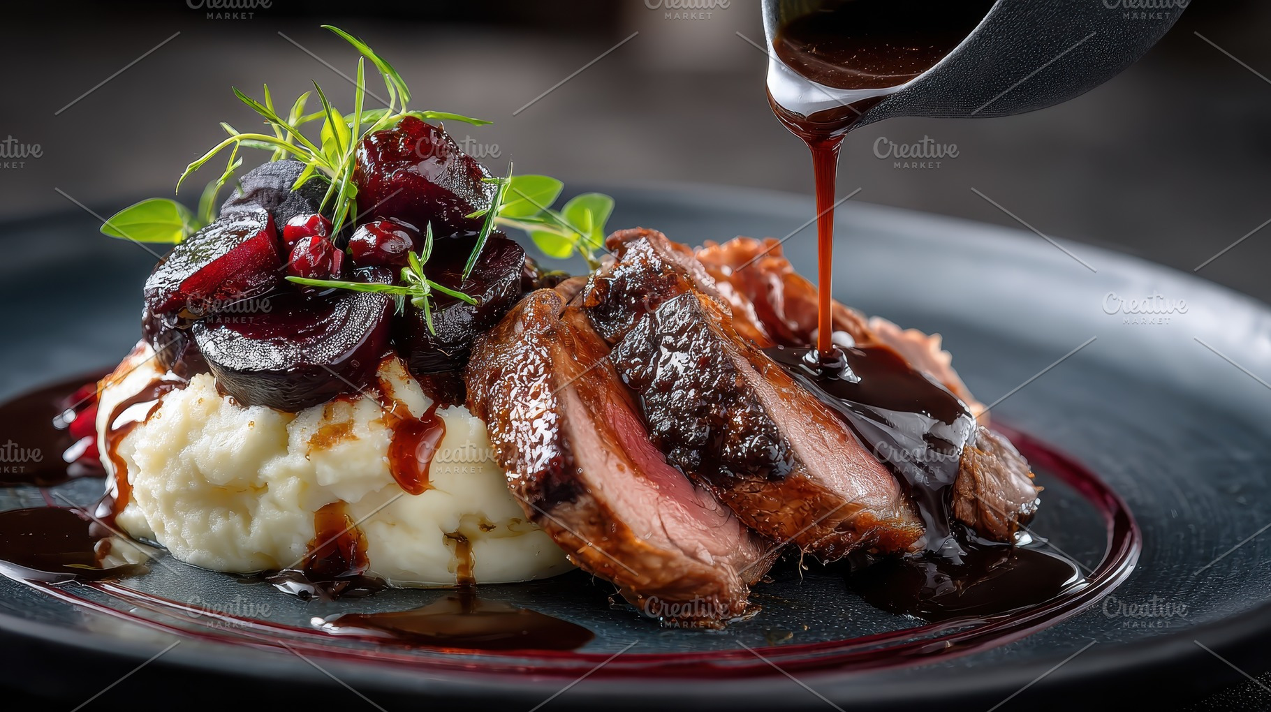 Delicious roasted lamb mashed potato, a Photo by Pixeness Studio