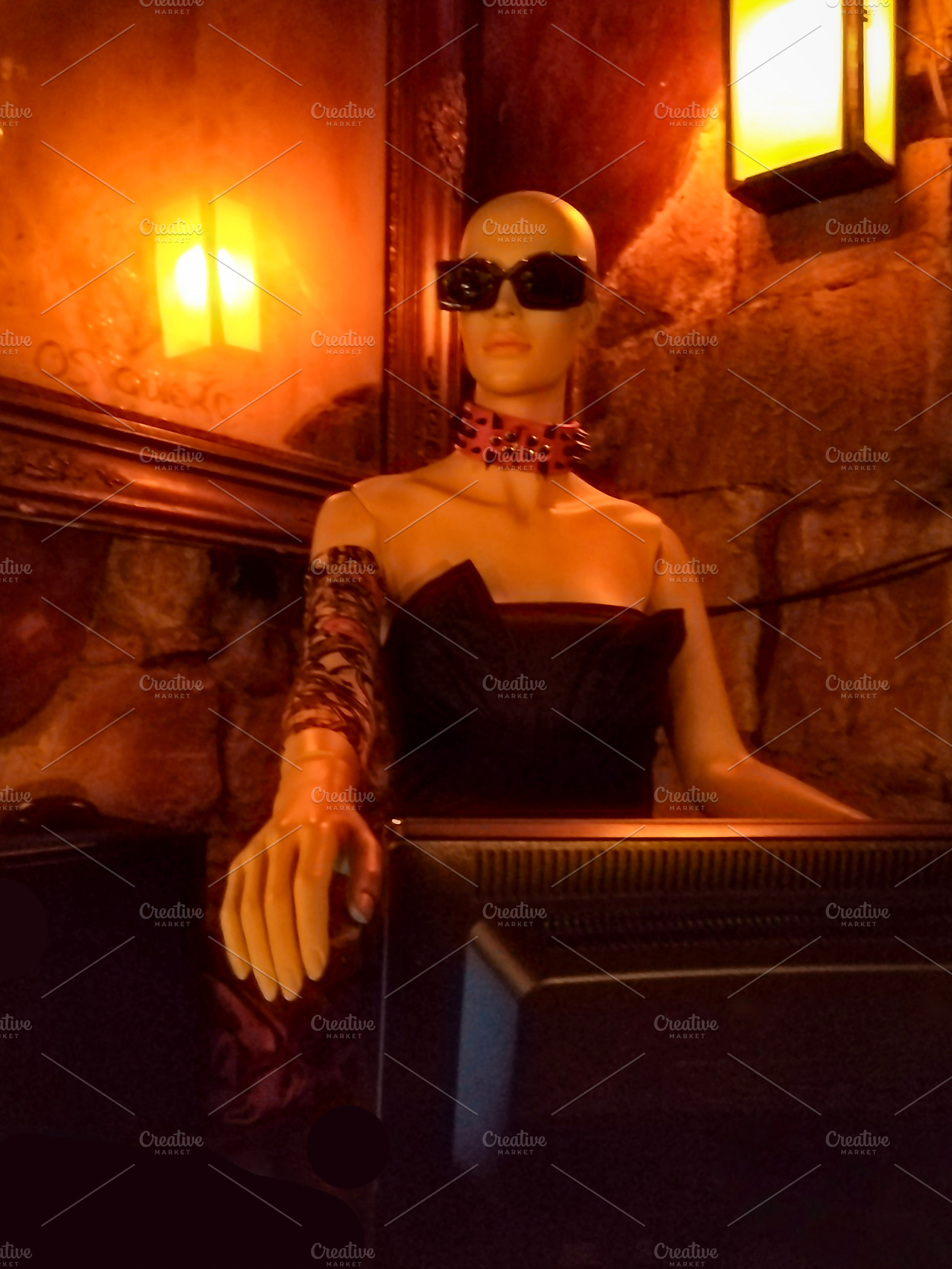 Cyberpunk mannequin seated in dark room at bar, a Beauty & Fashion Photo by DanFLCreativo