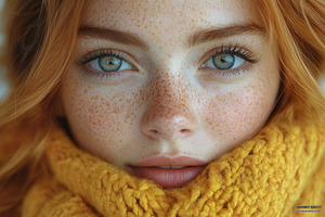 Freckled woman with striking green e, a Photo by Tanuart