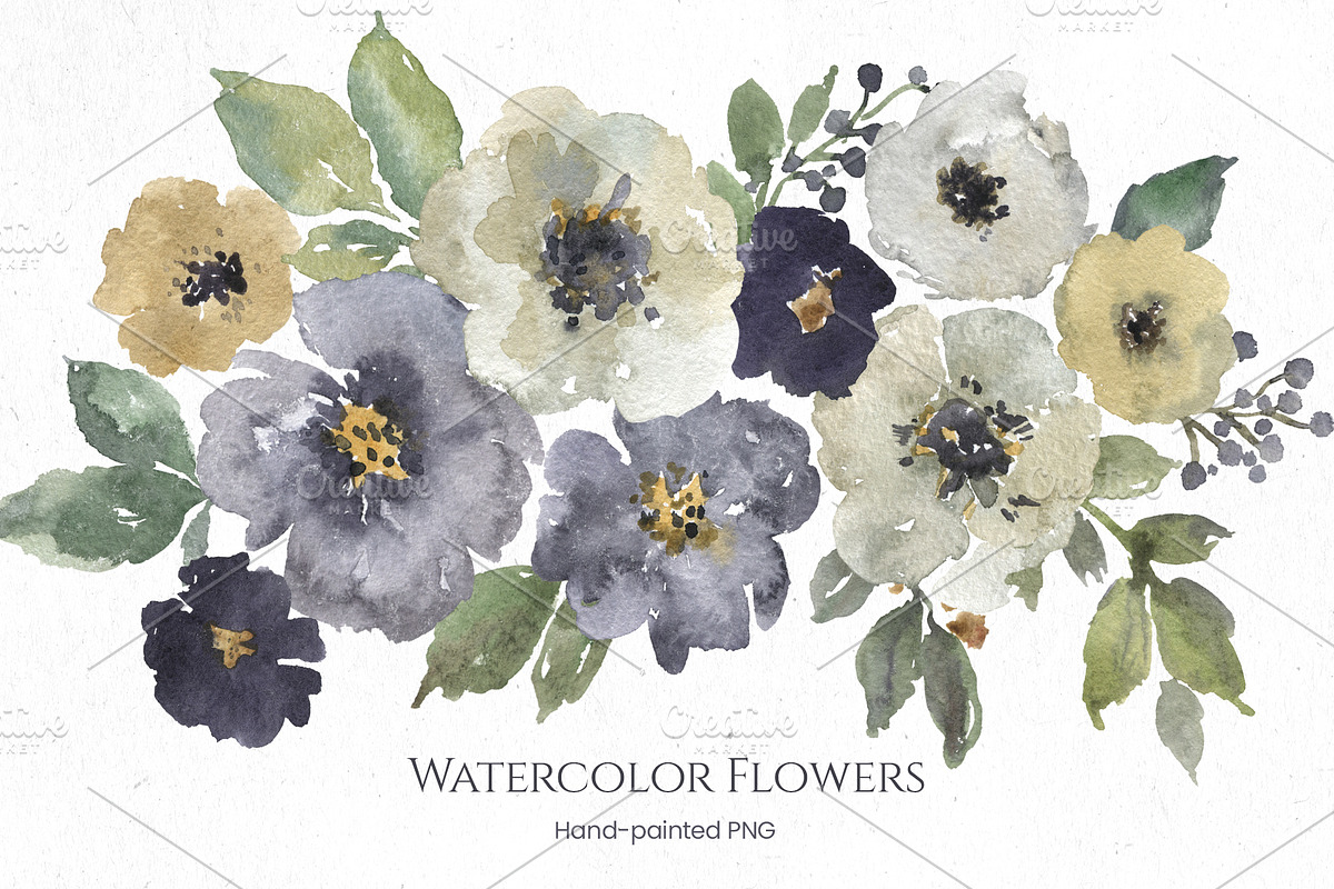 Watercolor Dusty Blue White Flowers, a Decorative Illustration by GraphicsDish (Photo 1 of 4)