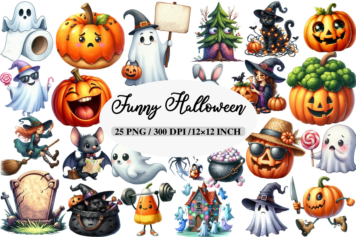 Watercolor Funny Halloween Clipart, an Illustration by Daily.Designs (Photo 1 of 5)
