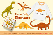 Cute Dinosaurs Clipart and Patterns, an Animal Illustration by Natali_Zhy (Thumbnail 1 of 3)