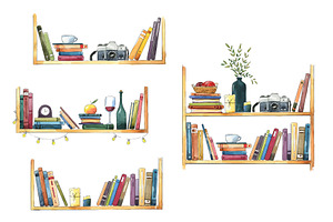 Watercolor Bookshelf With Books Set