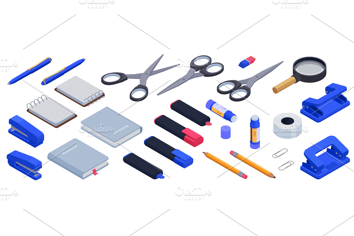 Isometric office school supplies, an Illustration by LadadikArt