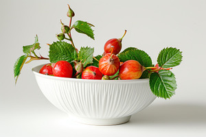 Red rose hip berries in bowl on white background, a Food & Drink Photo by AlyaAnd