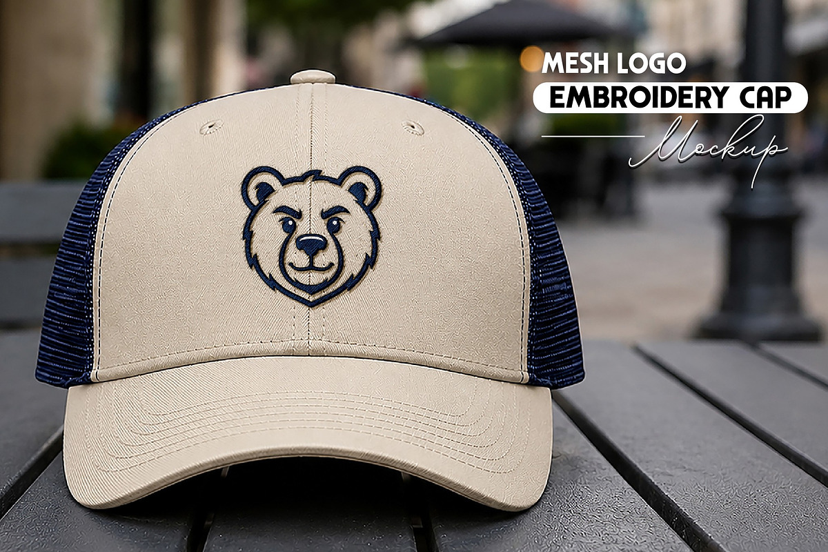 Mesh Logo Embroidery Cap Mockup, a Hat Mockup by studiogstock (Photo 1 of 2)