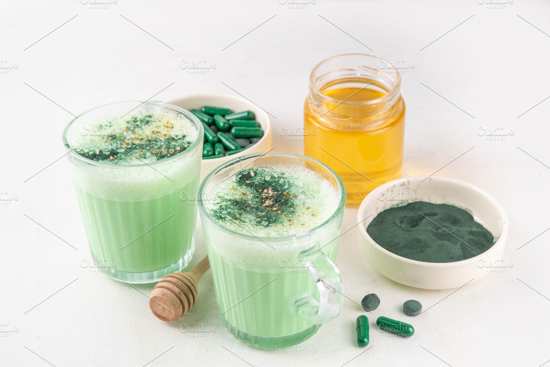 Healthy spirulina latte drink, a Food & Drink Photo by Rimma