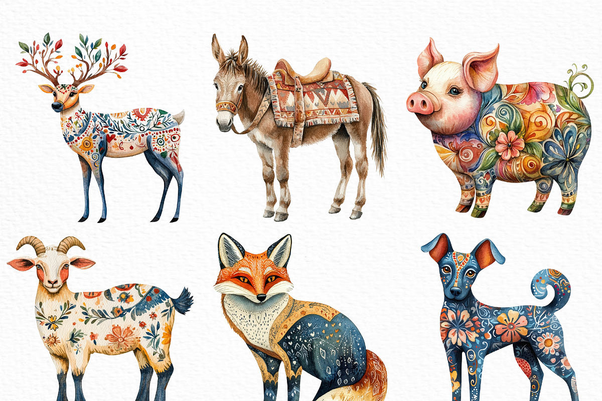 Watercolor Folk Art Animals Clipart, an Illustration by Craft Nest (Photo 3 of 6)