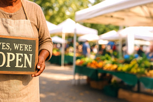 Farmers market vendor holding Yes, w, a Photo by Dvoevnore photos
