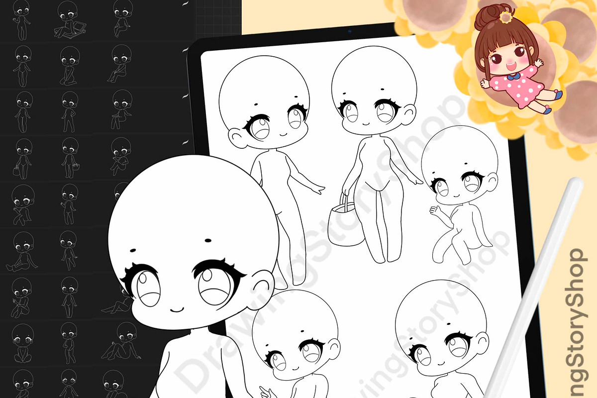 200 Base chibi Procreate pose stamps, a Brush Add-On by ...