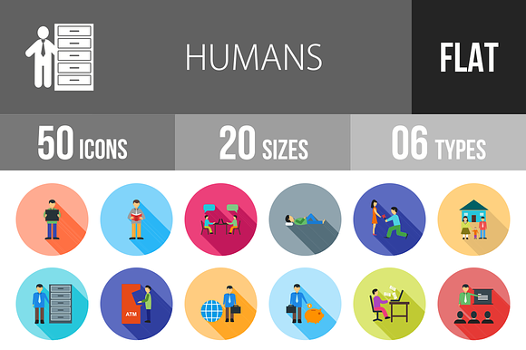 50 Humans Flat Shadowed Icons