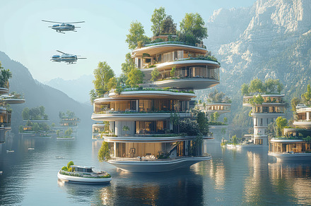 Futuristic Eco Floating Homes Luxury, a Background Photo by Pixeness
